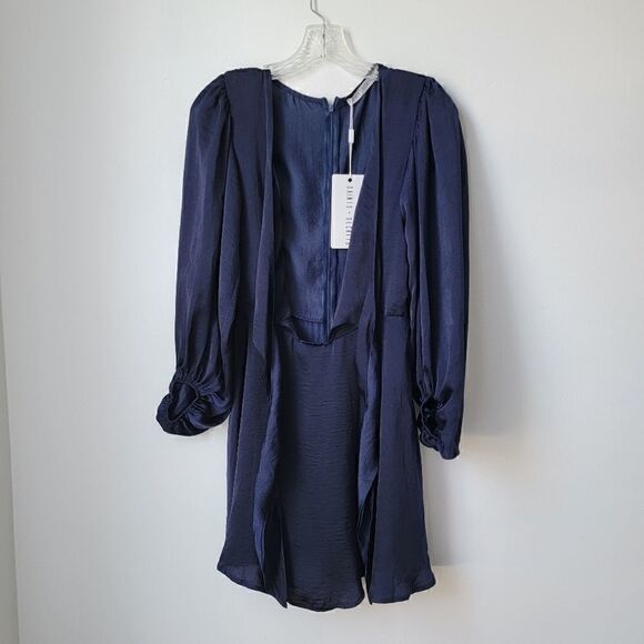 NWT SAINTS + SECRETS Balloon Sleeves Tie Front Flowy Navy Mini Dress Size Small - Picture 5 of 16